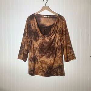 Cato Woman 22/24W Boho Paisley Blouse Brown Lace Burnout Cowl Neck Sequins Y2K